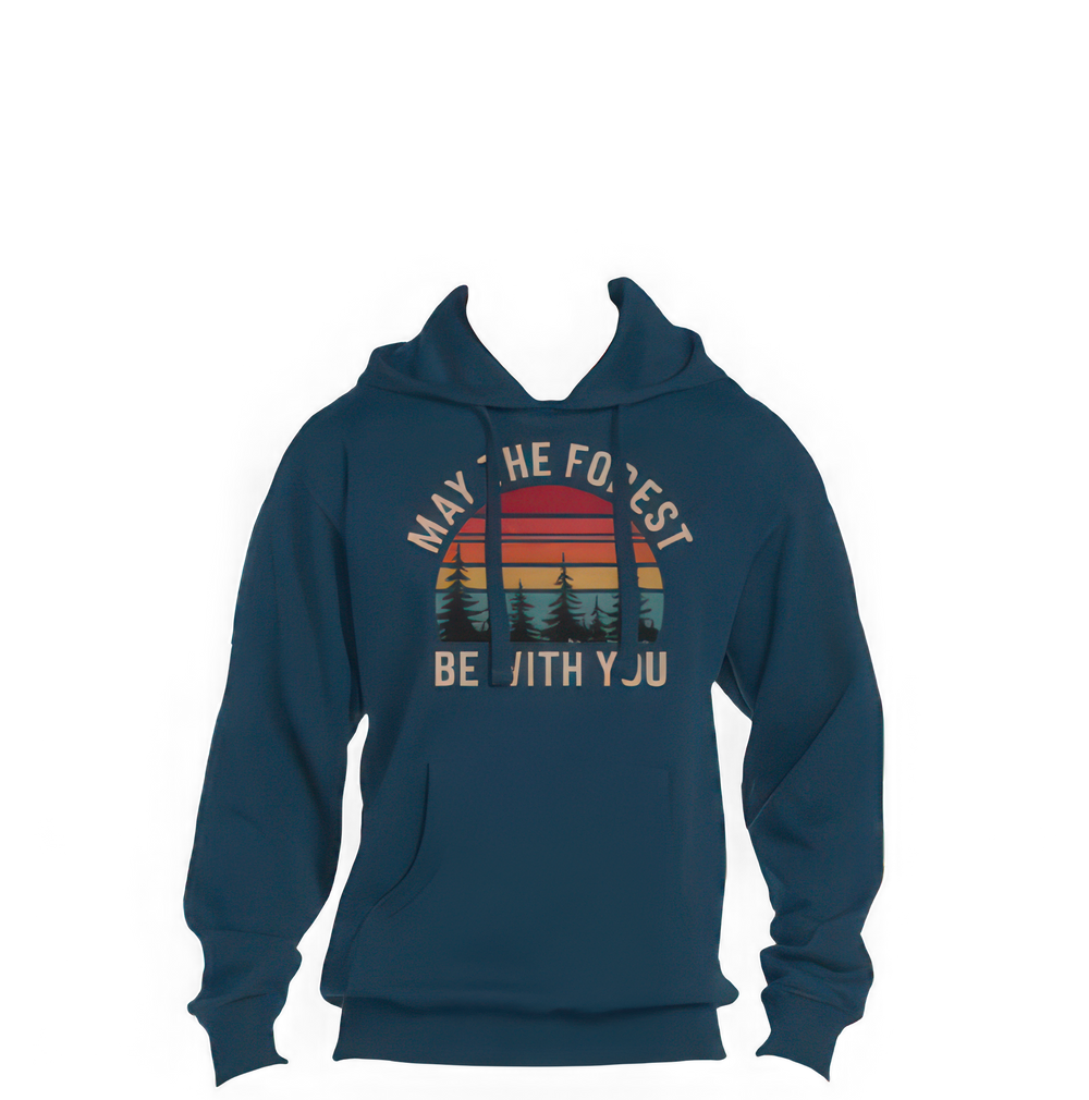 a dark blue hoodie with the words, may he forest be with you