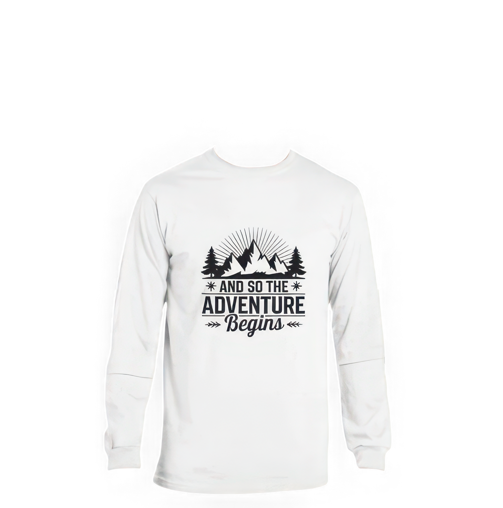 a white long sleeve shirt with the words and so the adventure begins